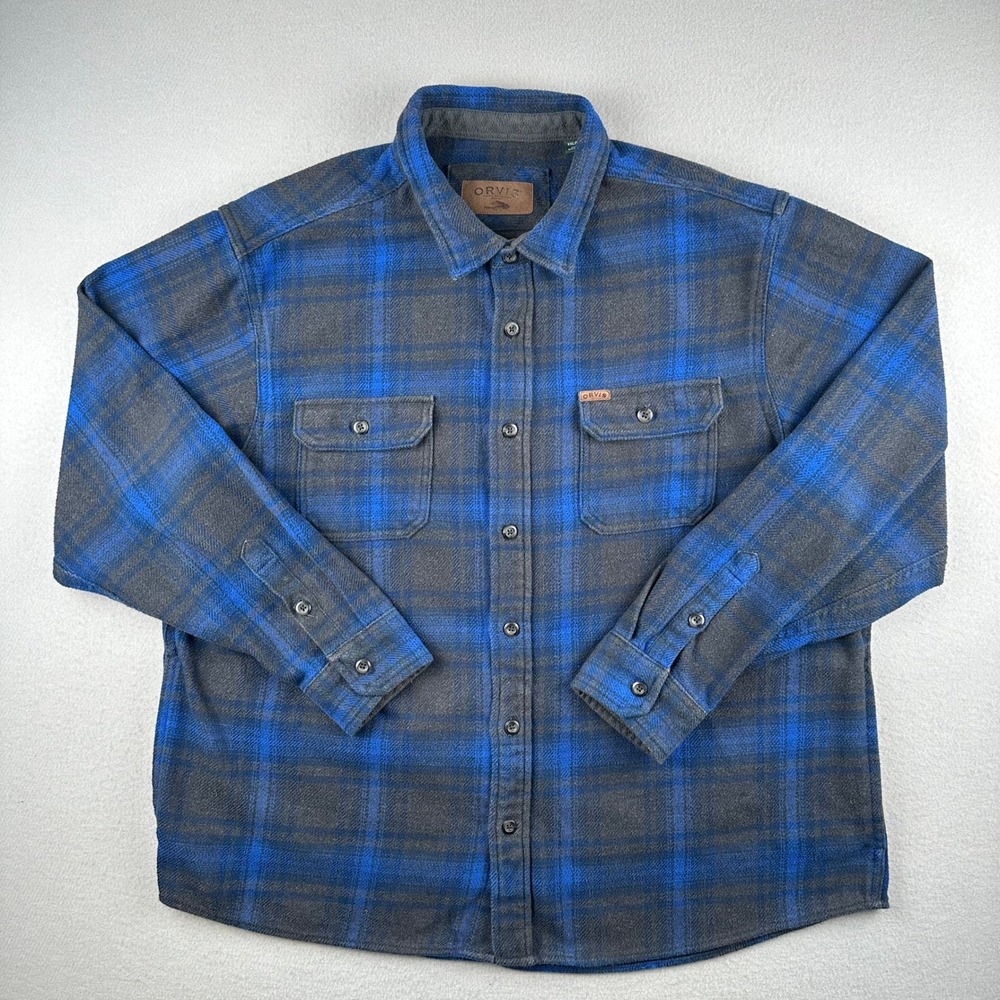 Orvis Flannel Shirt Mens XXL Blue Charcoal Plaid Long Sleeve Button Up Rugged